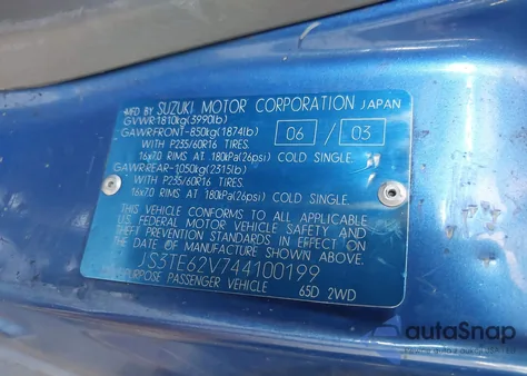 2004 Suzuki Grand Vitara Ex/Lx z USA, uszkodzony, nr VIN JS3TE62V744100199